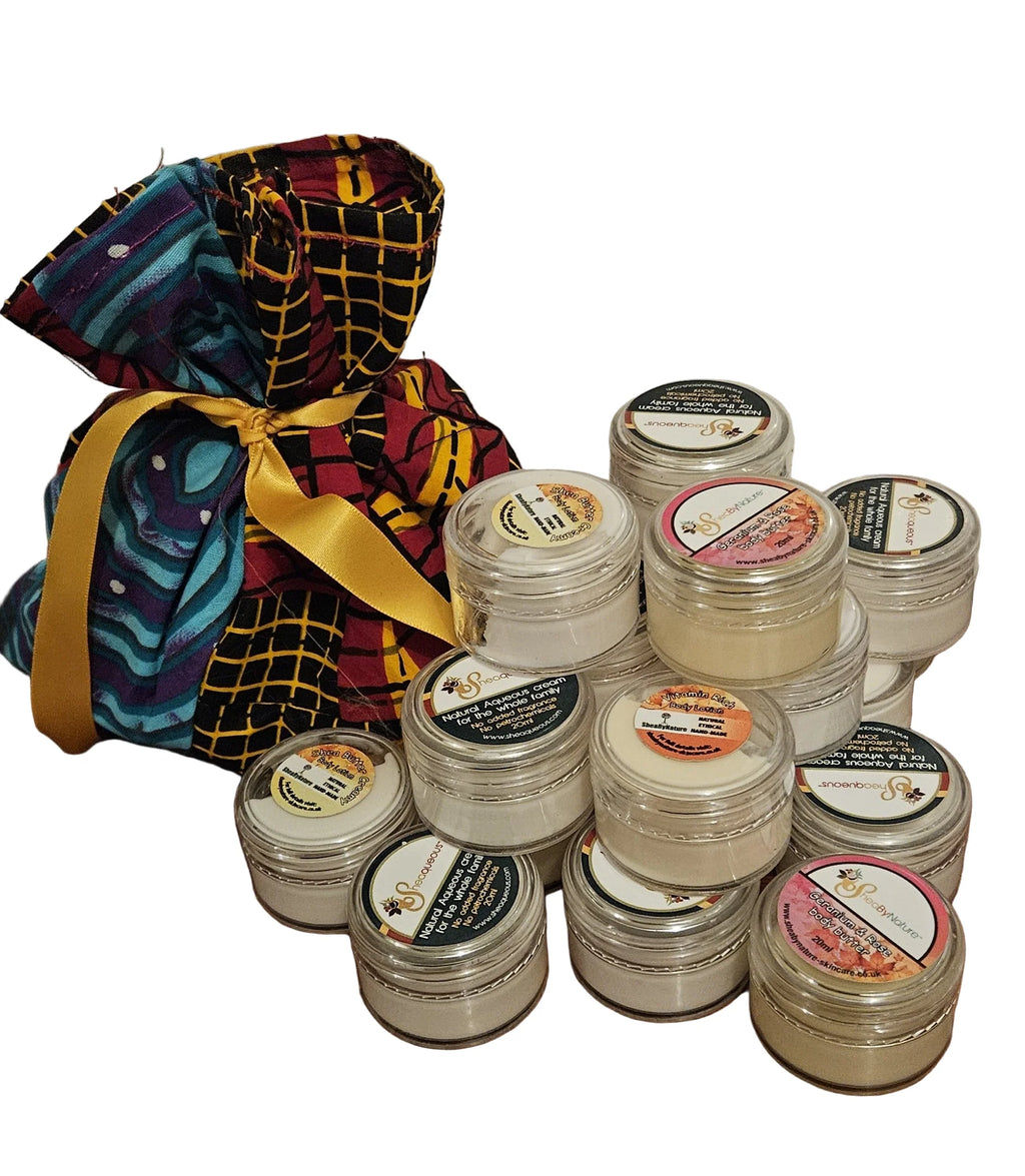 SheaByNature Shea Body Care Sample Collection – 12 Natural Body Butter & Cream Minis in African Fabric Gift Bag