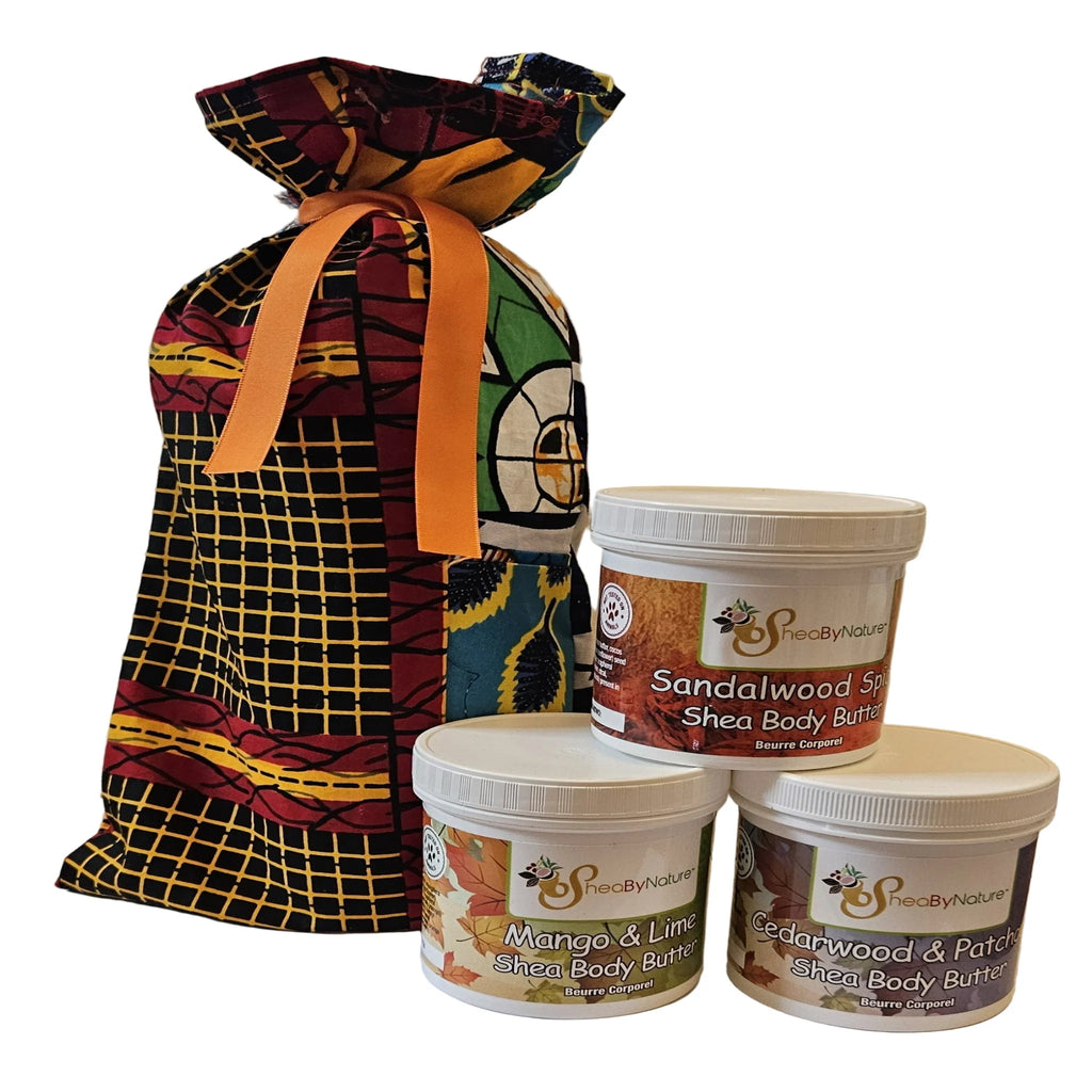 Shea Body Butter Gift Set – Vegan Skincare Gift for Her & Him – Natural Shea Butter Creams in African Textile Bag